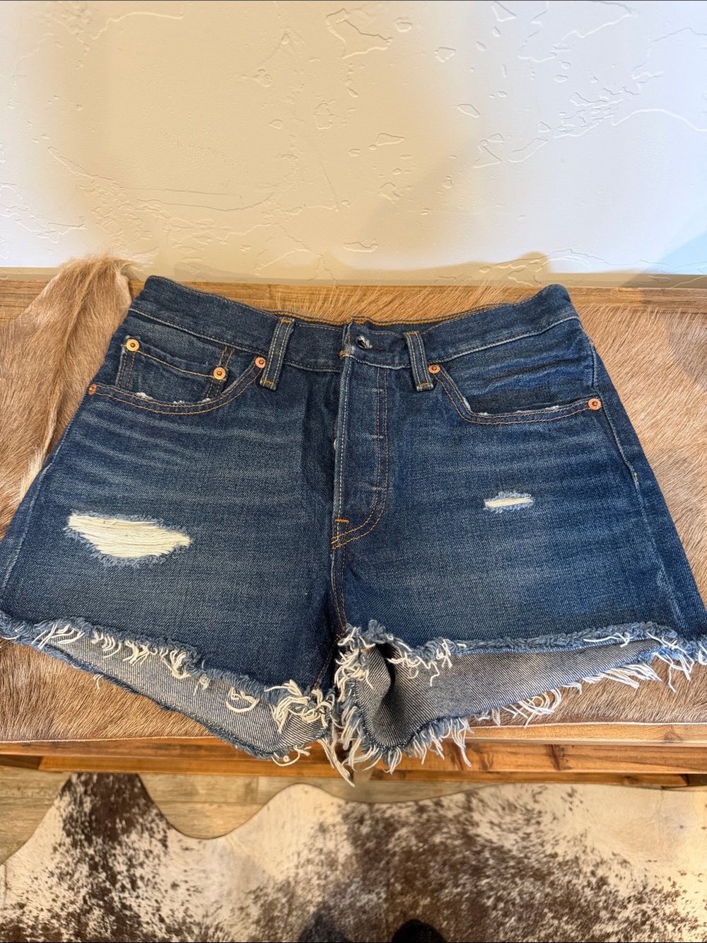 Levi's Dark Blue Distressed Denim Cutoff Shorts
